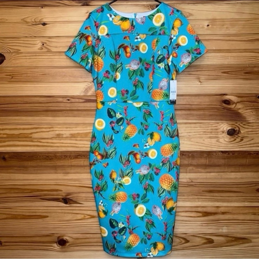 New York & company Scuba Midi Dress Pinup Turquoise Novelty Fruit Print medium